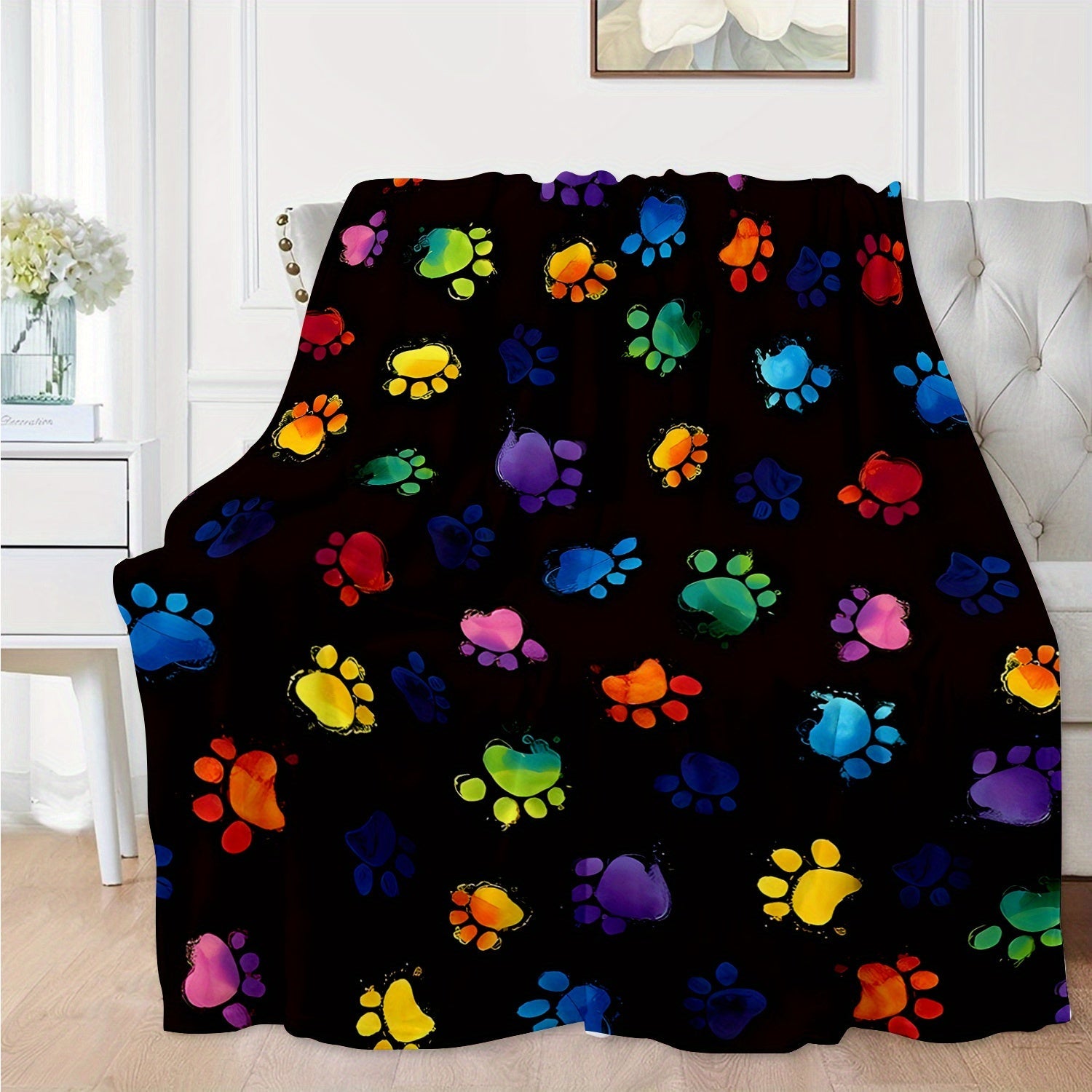 Vibrant Paw Print Flannel Fleece Throw Blanket for Sofa Bed Travel All-Season Cozy