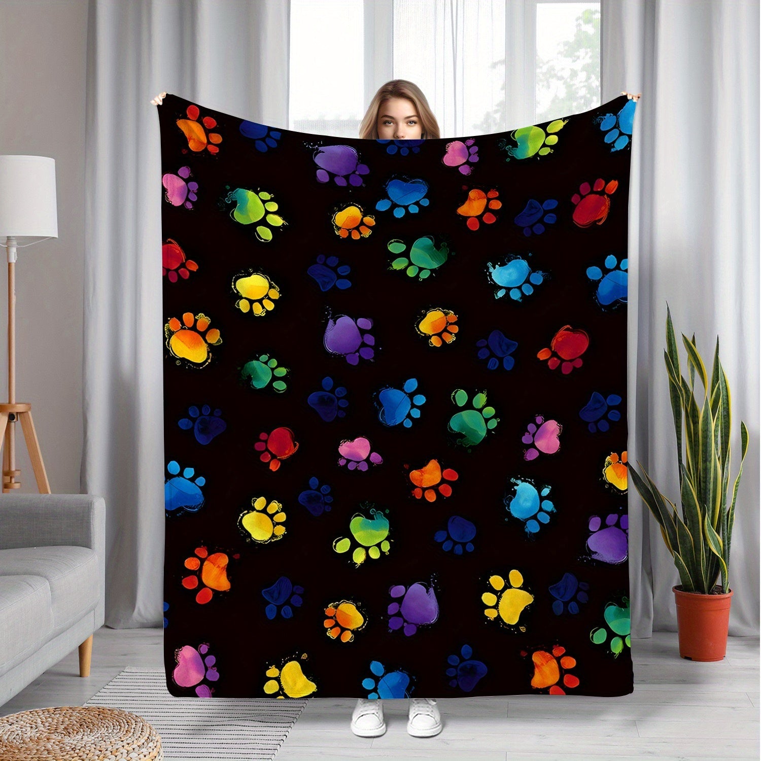 Vibrant Paw Print Flannel Fleece Throw Blanket for Sofa Bed Travel All-Season Cozy