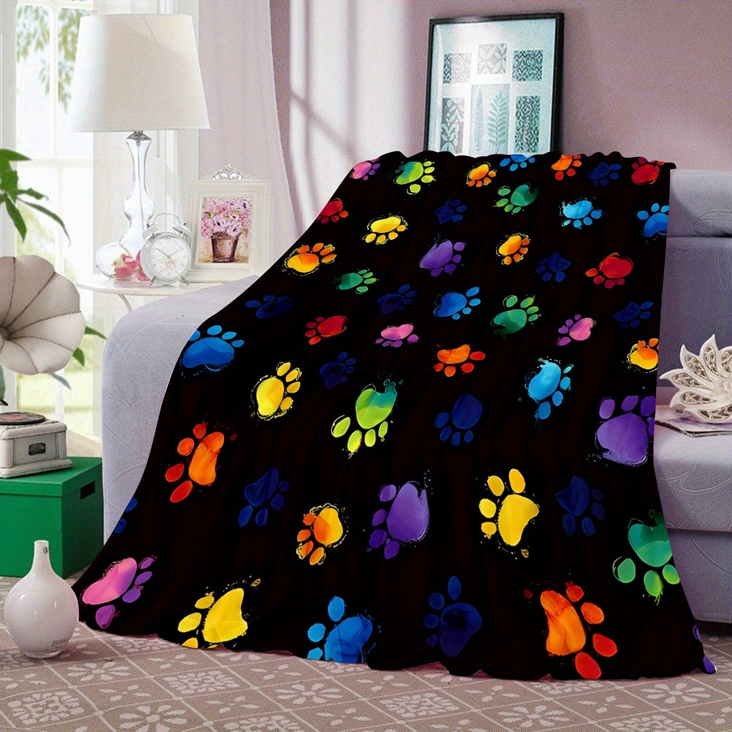Vibrant Paw Print Flannel Fleece Throw Blanket for Sofa Bed Travel All-Season Cozy