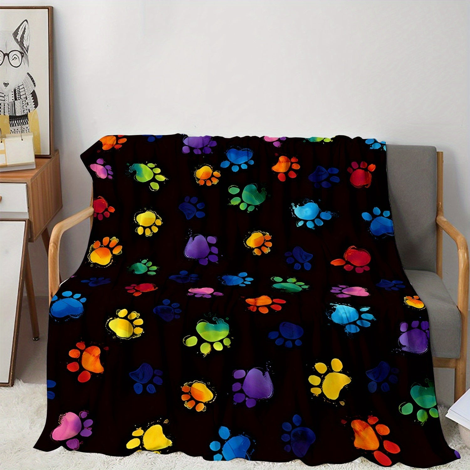 Vibrant Paw Print Flannel Fleece Throw Blanket for Sofa Bed Travel All-Season Cozy