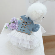 Small Dog Cat Denim Dress Blue White Fur Ruffled Lace Autumn Winter Pet Clothing
