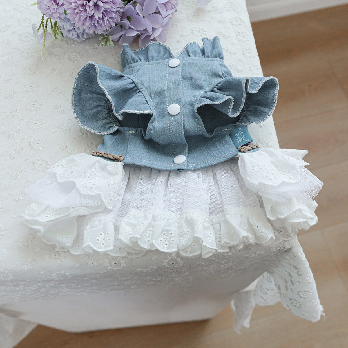 Small Dog Cat Denim Dress Blue White Fur Ruffled Lace Autumn Winter Pet Clothing