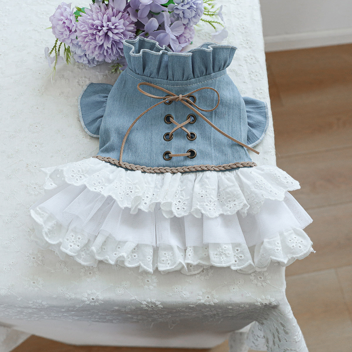 Small Dog Cat Denim Dress Blue White Fur Ruffled Lace Autumn Winter Pet Clothing