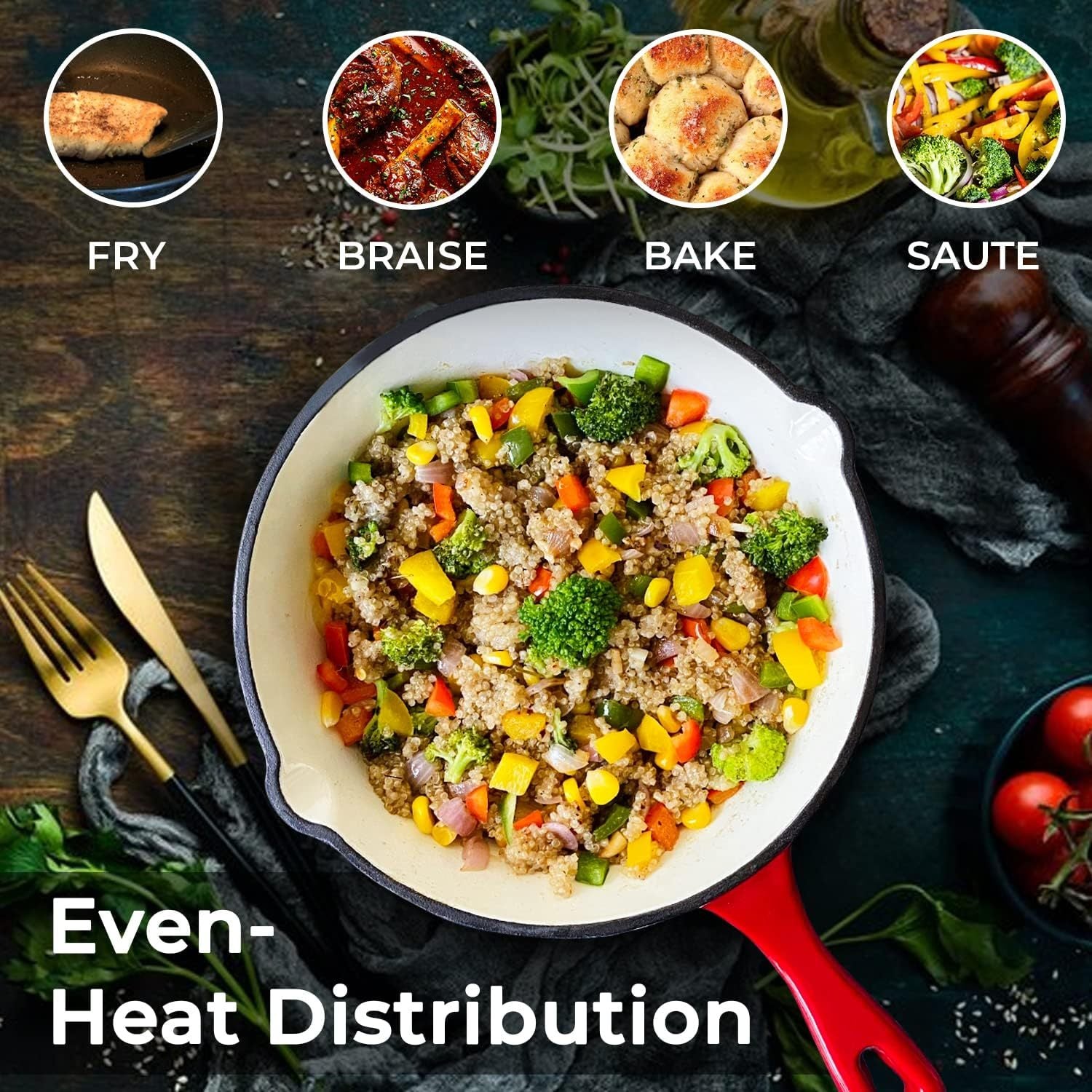 Enameled Cast Iron Skillet 10-Inch Non-Stick for Cooking, Grilling, and Baking