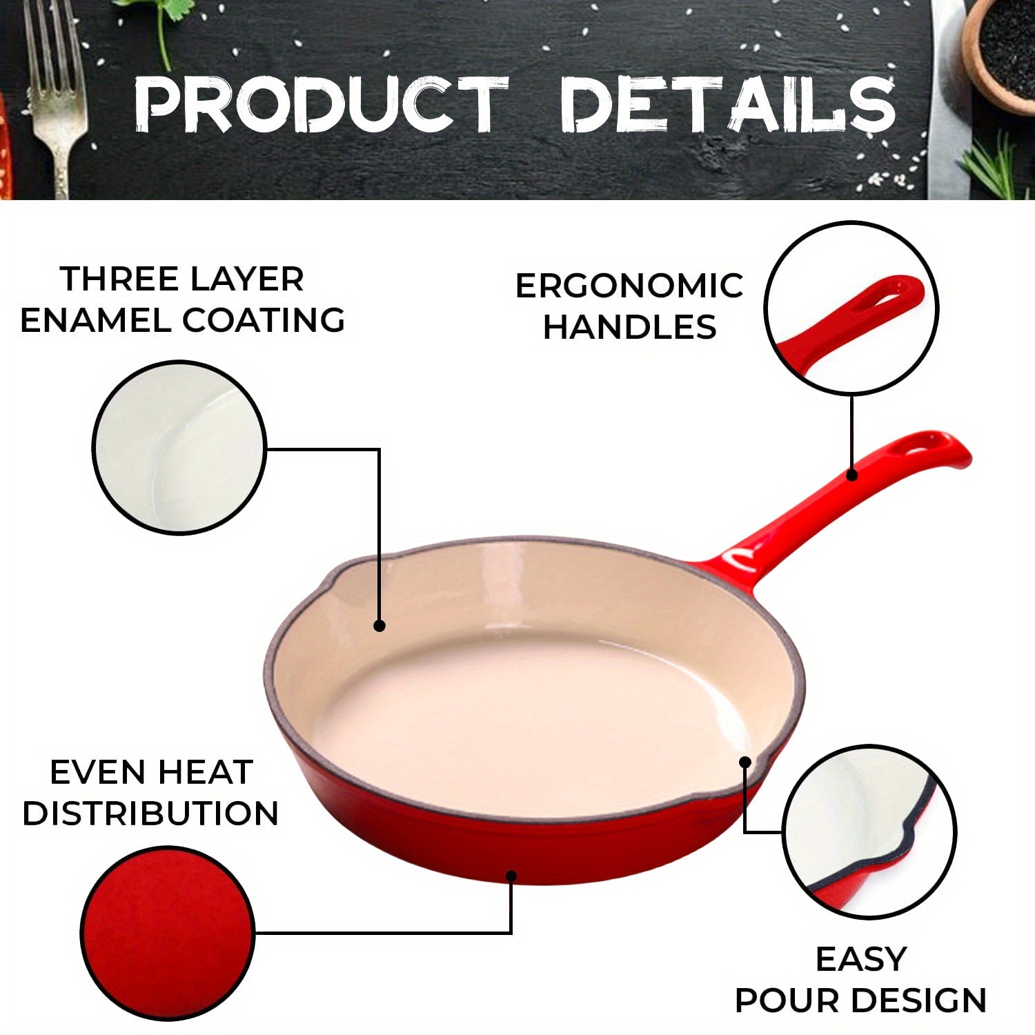 Enameled Cast Iron Skillet 10-Inch Non-Stick for Cooking, Grilling, and Baking