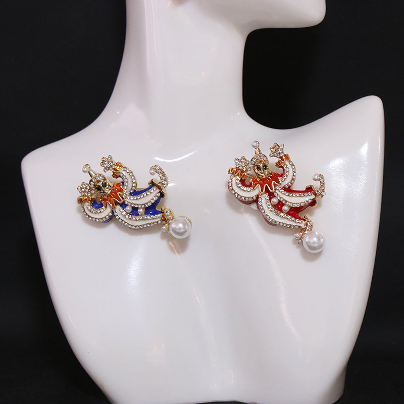 Set of Two Antique Circus Clown Brooches for Couples with Rhinestones