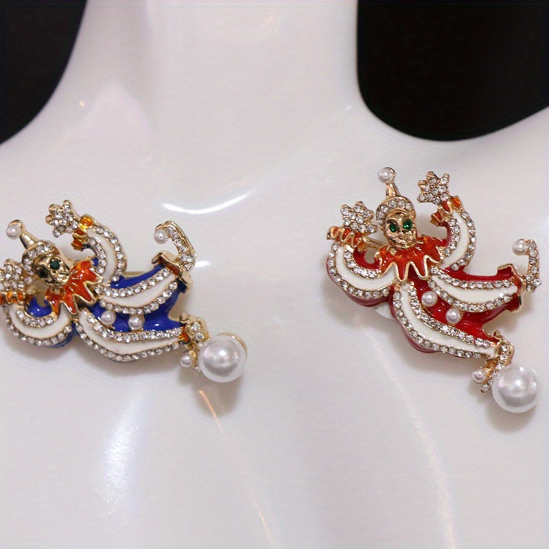 Set of Two Antique Circus Clown Brooches for Couples with Rhinestones
