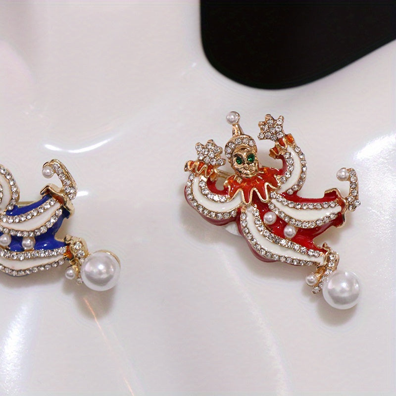Set of Two Antique Circus Clown Brooches for Couples with Rhinestones