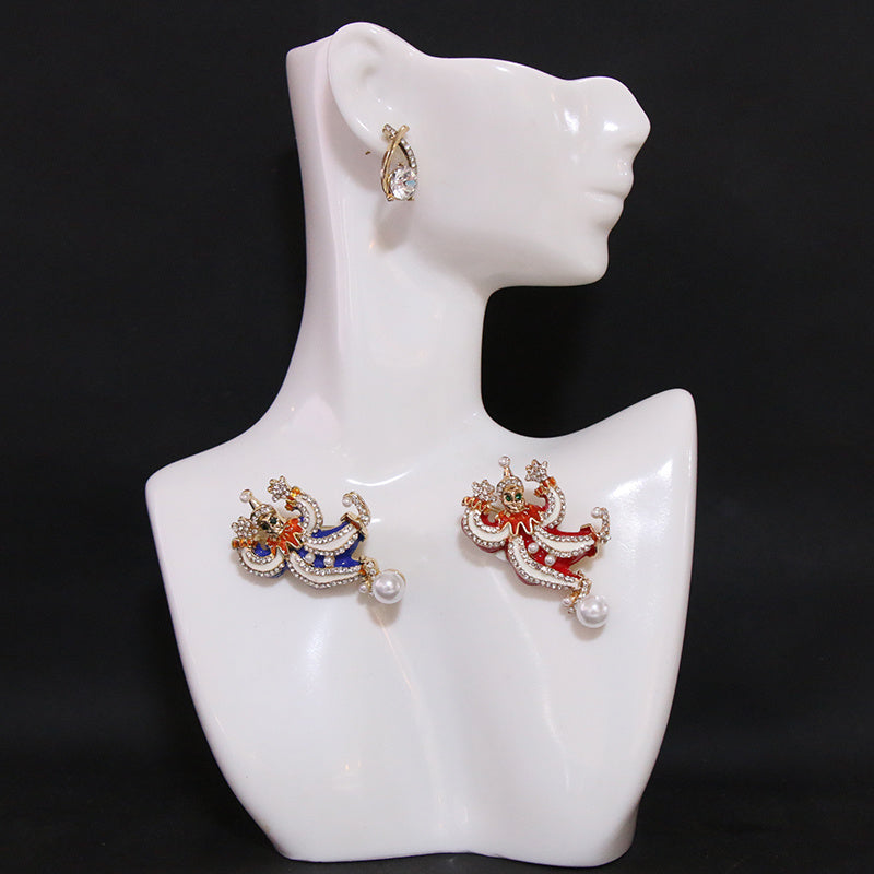 Set of Two Antique Circus Clown Brooches for Couples with Rhinestones