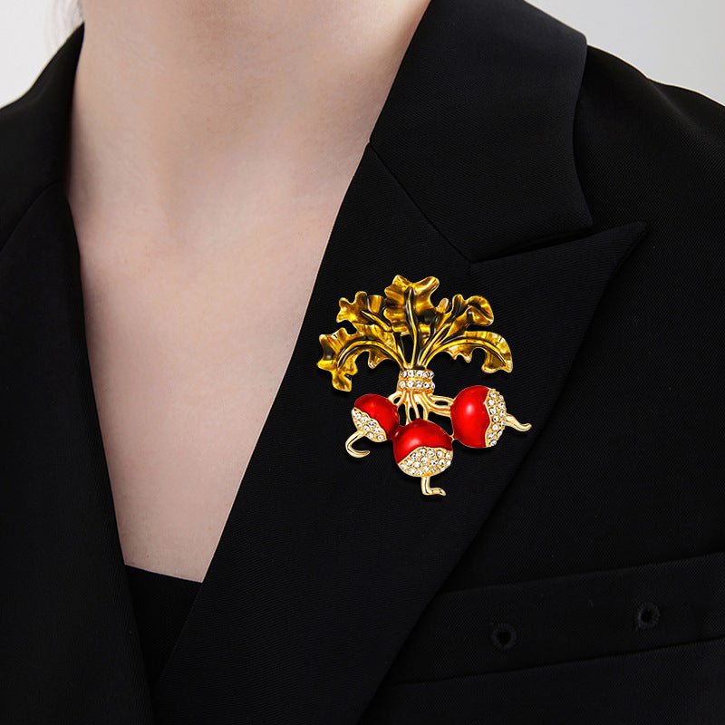 Retro Radish Enamel Pin with Rhinestones Botanical Quirky Accessory