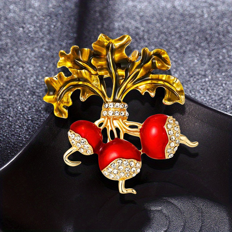 Retro Radish Enamel Pin with Rhinestones Botanical Quirky Accessory