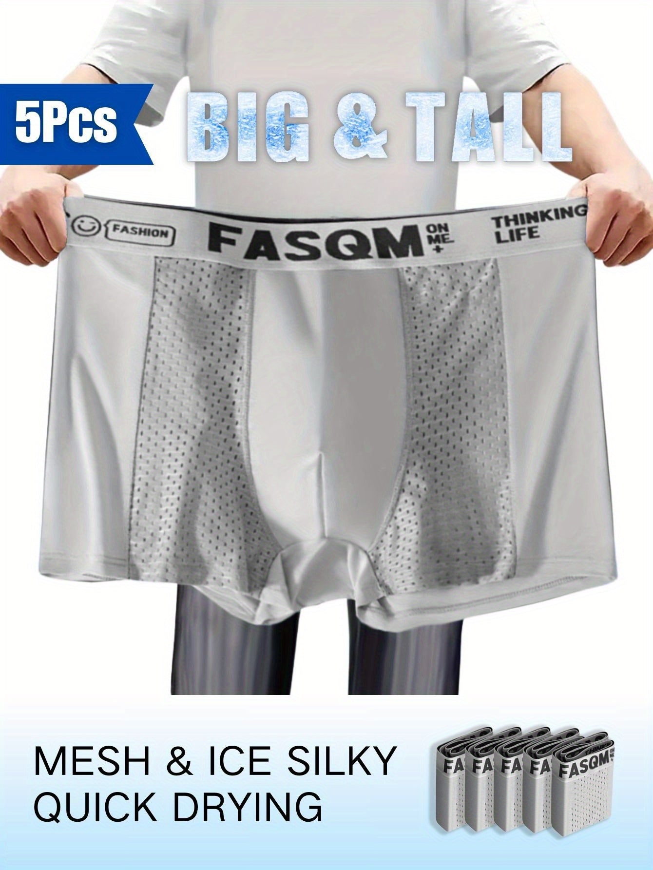 Plus Size Breathable Mesh Boxer Briefs 5-Pack with Solid Colors and Contrast Mesh Details