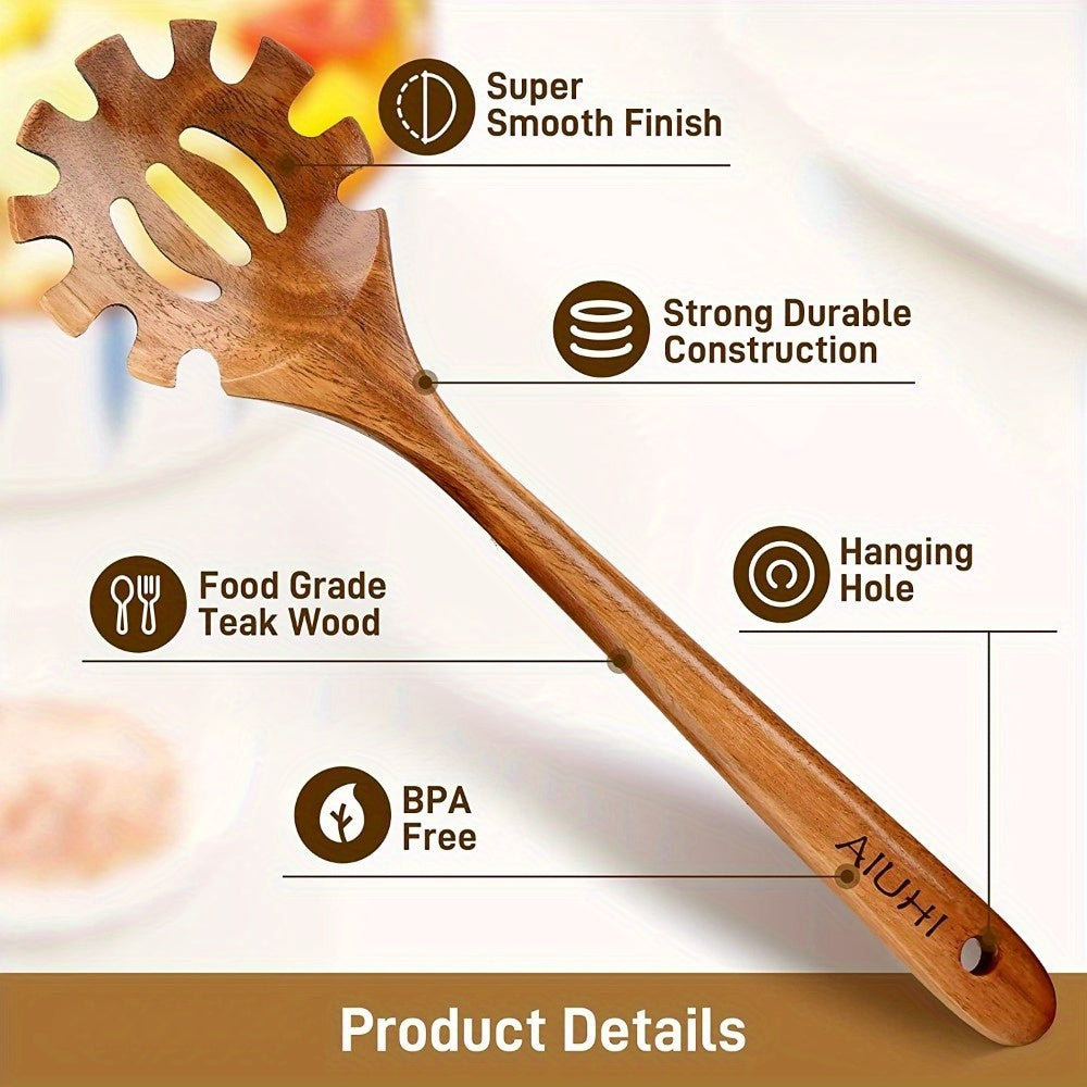 Handcrafted Teak Wood Pasta Fork Slotted Spoon with Strainer Durable