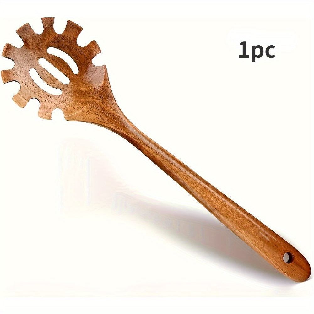 Handcrafted Teak Wood Pasta Fork Slotted Spoon with Strainer Durable