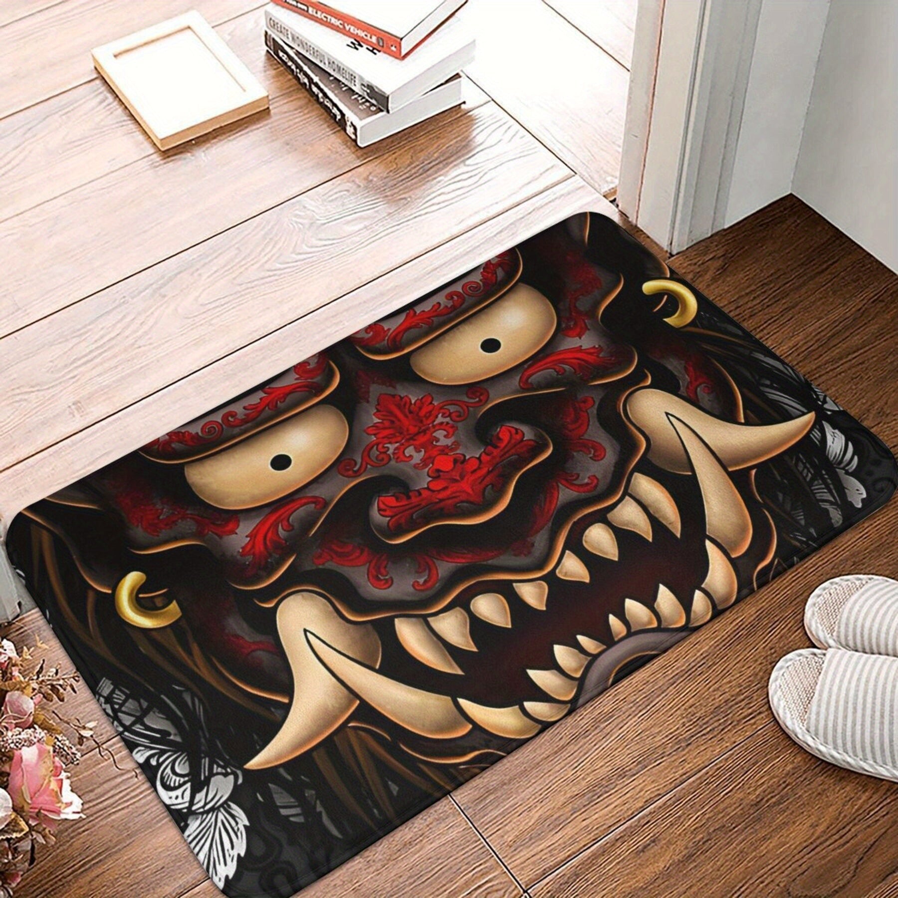 Silvery Oni Tattoo Style Doormat Non-slip Bath Mat for Balcony Entrance Rug