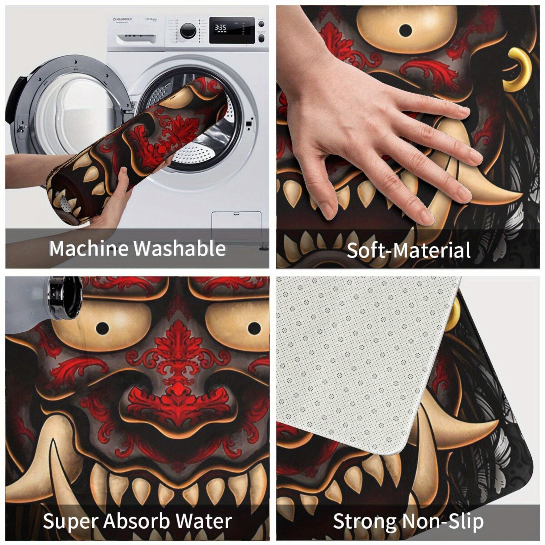 Silvery Oni Tattoo Style Doormat Non-slip Bath Mat for Balcony Entrance Rug