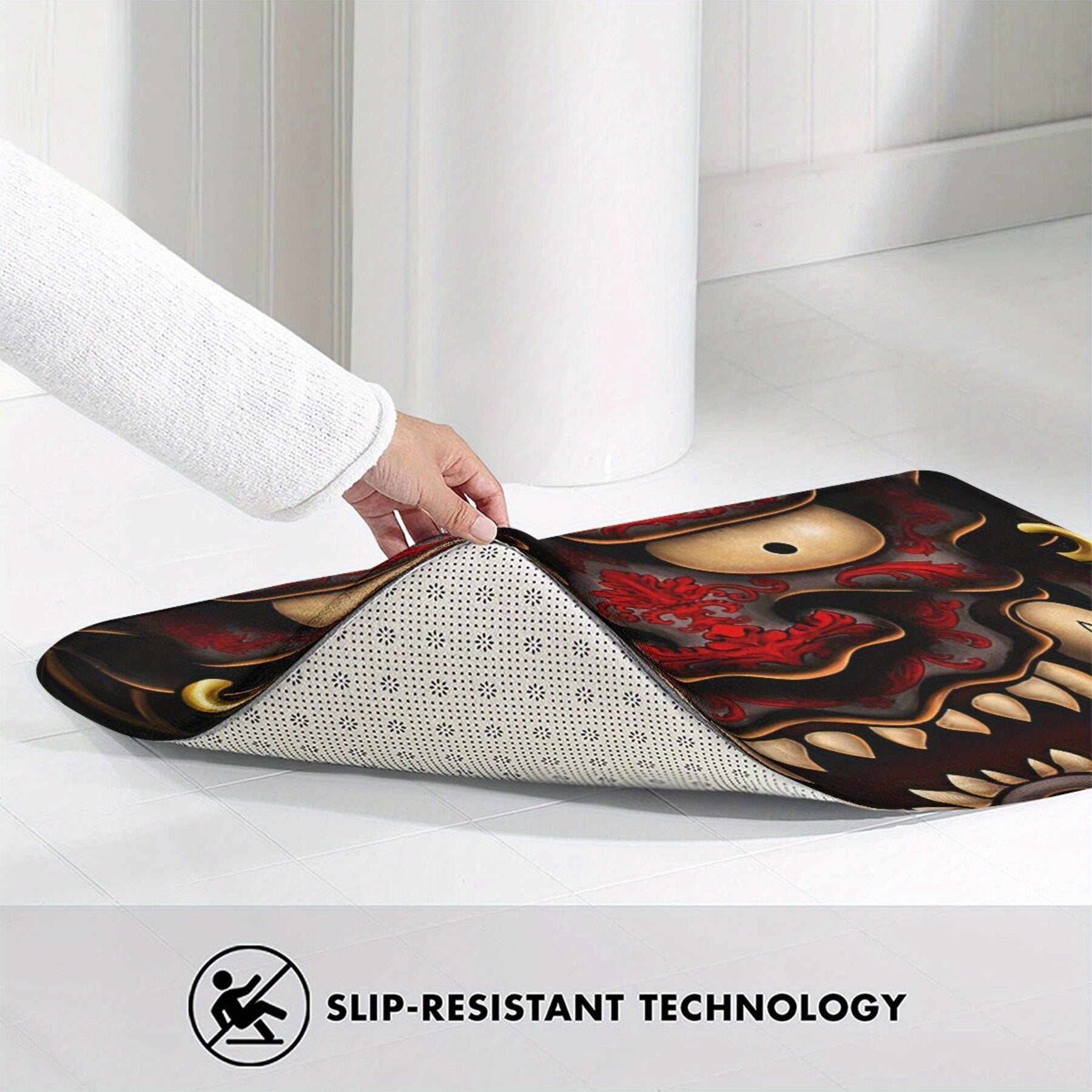 Silvery Oni Tattoo Style Doormat Non-slip Bath Mat for Balcony Entrance Rug