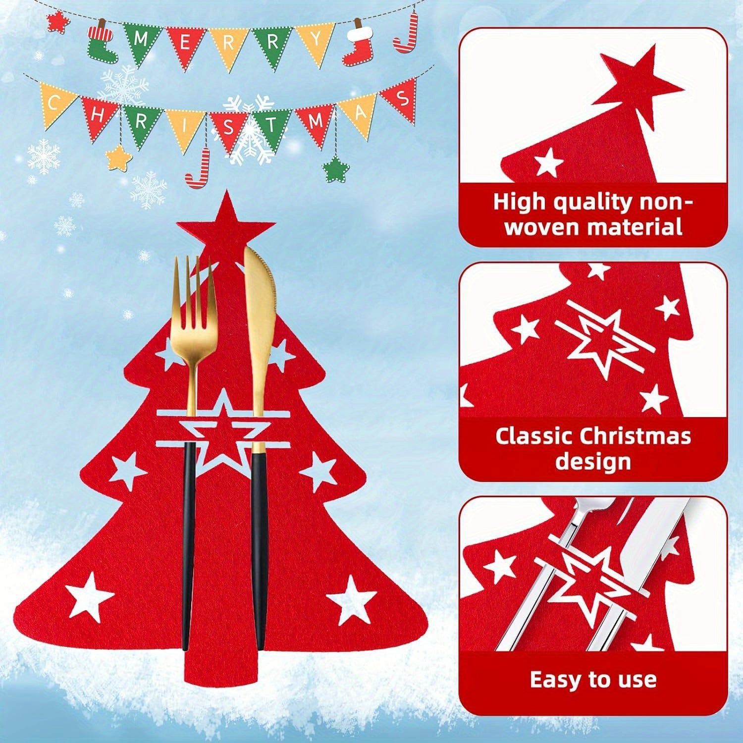 Christmas Red Star-Decorated Cutlery Holder for Holiday Dining