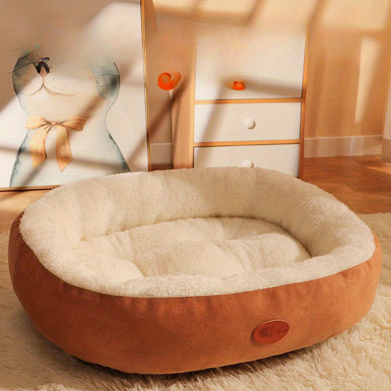 Oval Pet Bed for Dogs and Cats All-Season Warmth Machine Washable Beige Peaches