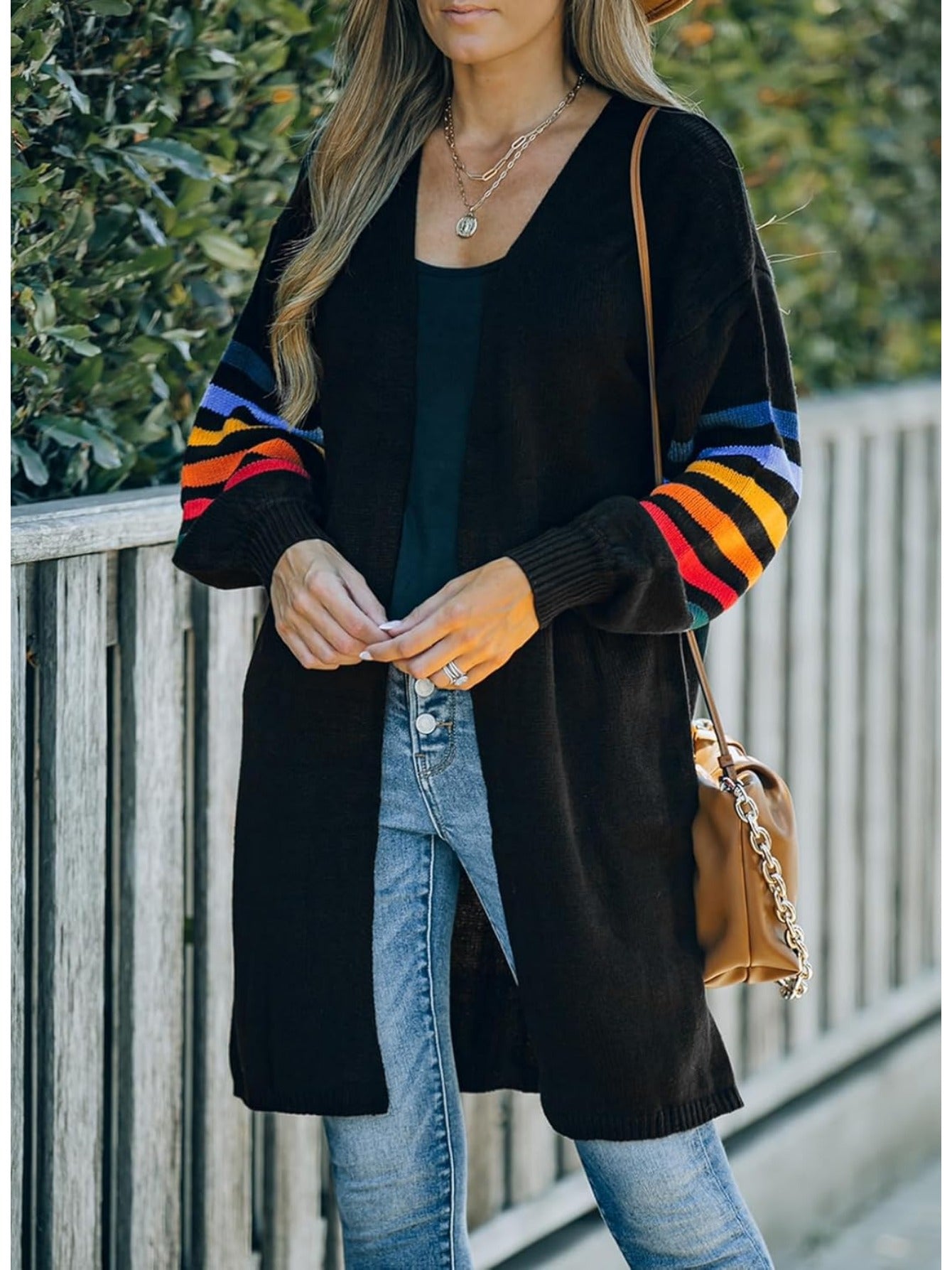 Women's Striped Knit Cardigan Long Sleeve Open Front Sweater Autumn Winter