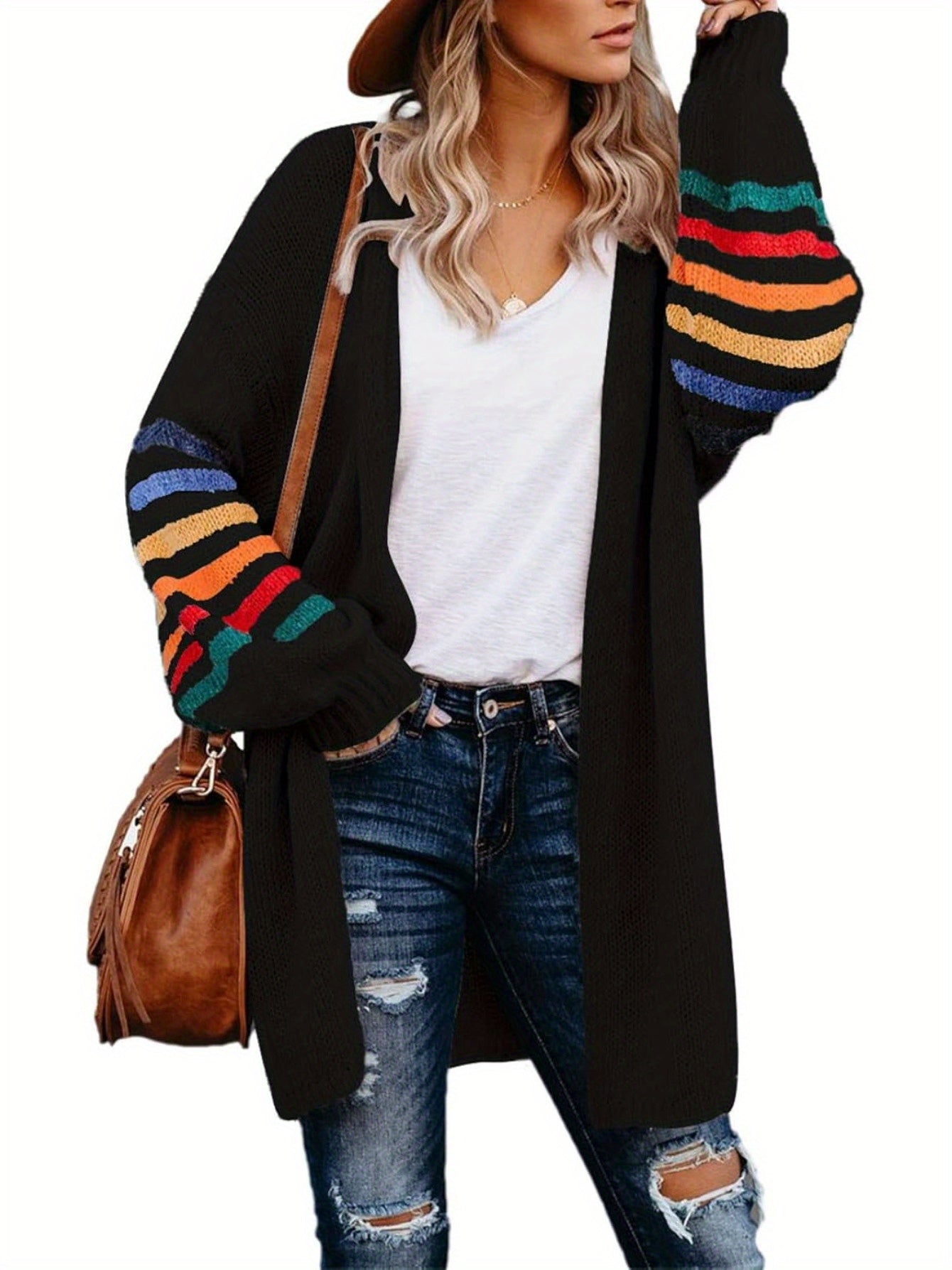 Women's Striped Knit Cardigan Long Sleeve Open Front Sweater Autumn Winter