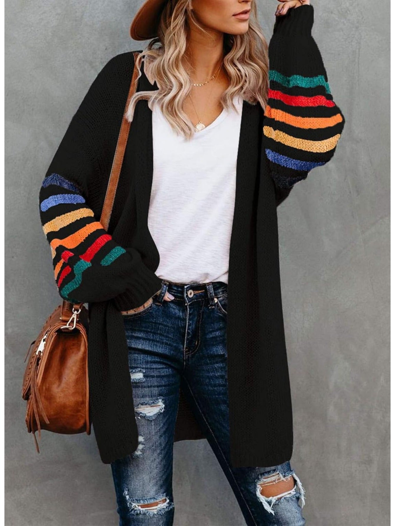 Women's Striped Knit Cardigan Long Sleeve Open Front Sweater Autumn Winter