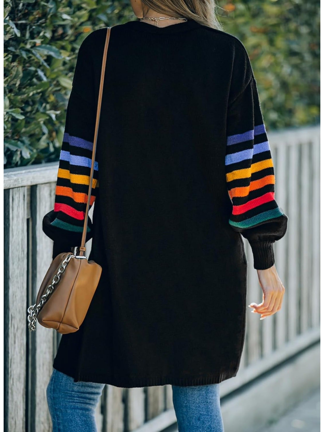 Women's Striped Knit Cardigan Long Sleeve Open Front Sweater Autumn Winter