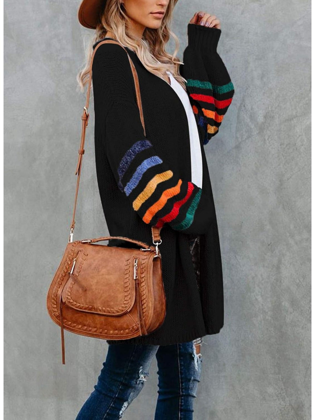 Women's Striped Knit Cardigan Long Sleeve Open Front Sweater Autumn Winter