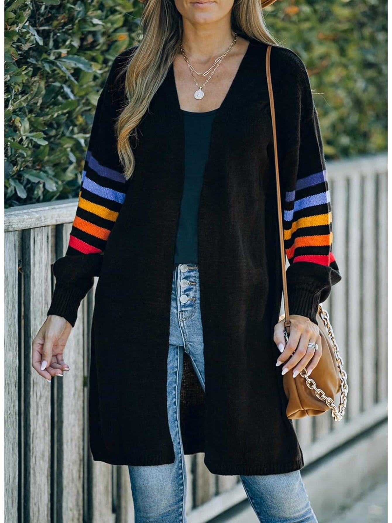 Women's Striped Knit Cardigan Long Sleeve Open Front Sweater Autumn Winter