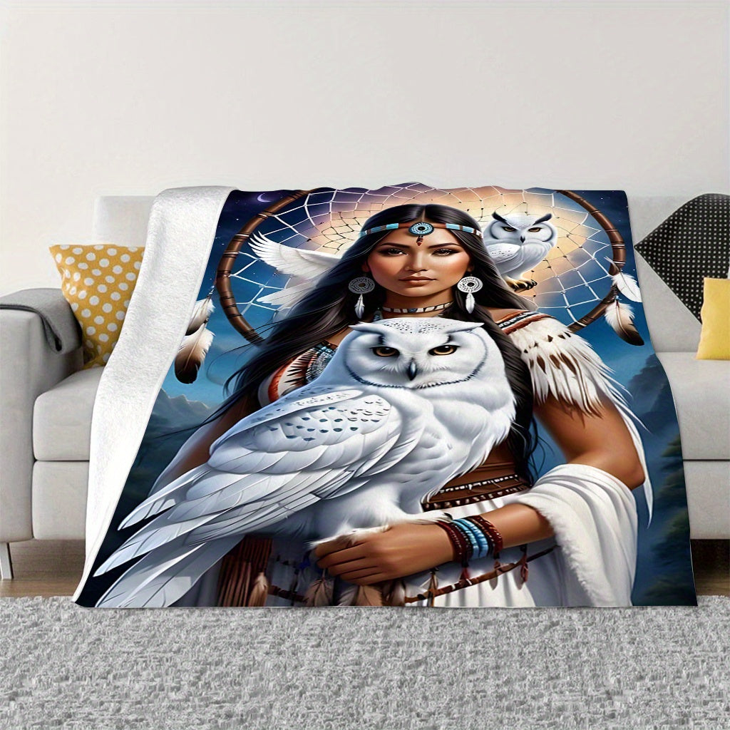 Polyester Knit Flannel Throw Blanket with Eagle Queen Dreamcatcher and Owl Digital Print for Sofa Bed Travel Camping
