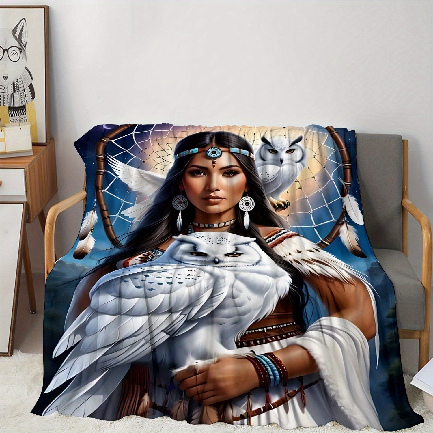 Polyester Knit Flannel Throw Blanket with Eagle Queen Dreamcatcher and Owl Digital Print for Sofa Bed Travel Camping