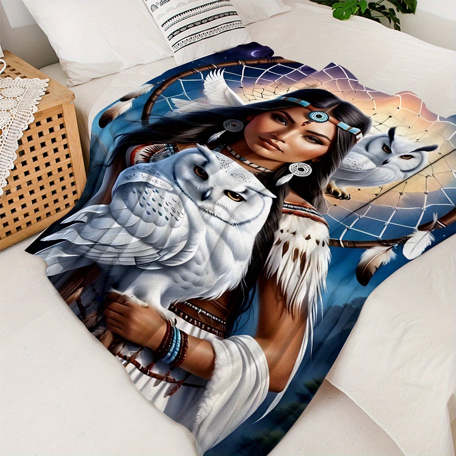 Polyester Knit Flannel Throw Blanket with Eagle Queen Dreamcatcher and Owl Digital Print for Sofa Bed Travel Camping