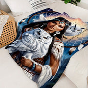 Polyester Knit Flannel Throw Blanket with Eagle Queen Dreamcatcher and Owl Digital Print for Sofa Bed Travel Camping