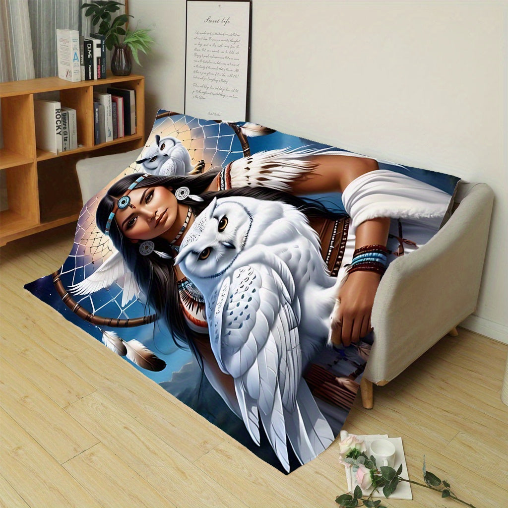 Polyester Knit Flannel Throw Blanket with Eagle Queen Dreamcatcher and Owl Digital Print for Sofa Bed Travel Camping