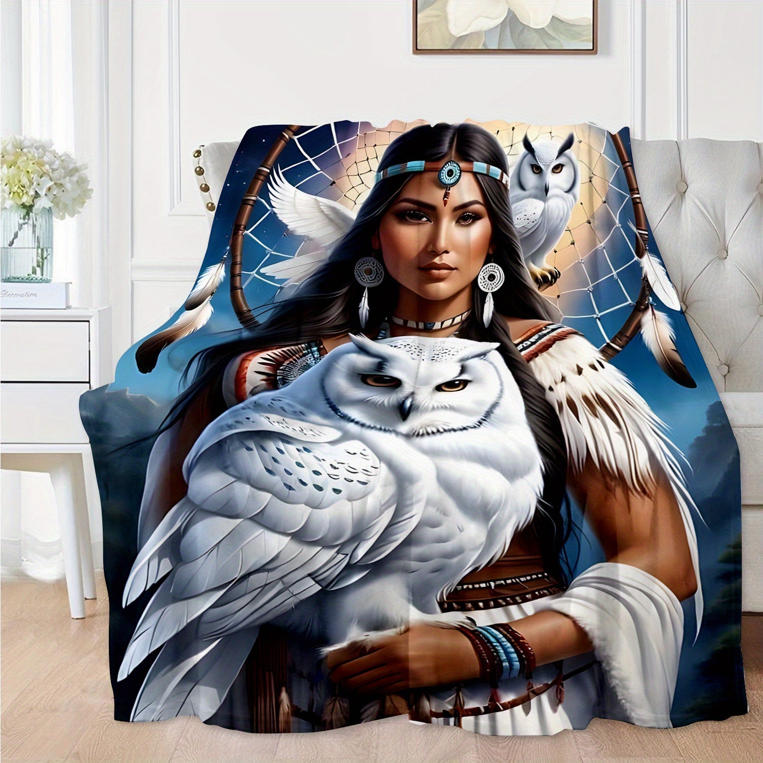 Polyester Knit Flannel Throw Blanket with Eagle Queen Dreamcatcher and Owl Digital Print for Sofa Bed Travel Camping