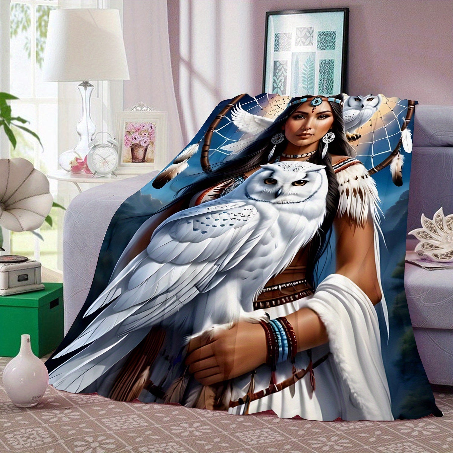 Polyester Knit Flannel Throw Blanket with Eagle Queen Dreamcatcher and Owl Digital Print for Sofa Bed Travel Camping