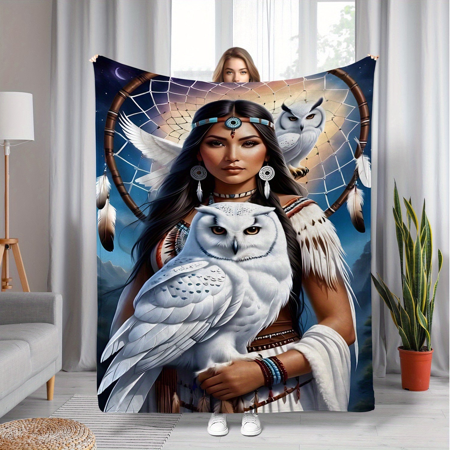 Polyester Knit Flannel Throw Blanket with Eagle Queen Dreamcatcher and Owl Digital Print for Sofa Bed Travel Camping