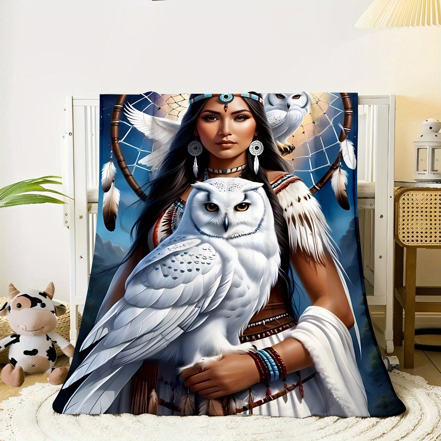 Polyester Knit Flannel Throw Blanket with Eagle Queen Dreamcatcher and Owl Digital Print for Sofa Bed Travel Camping