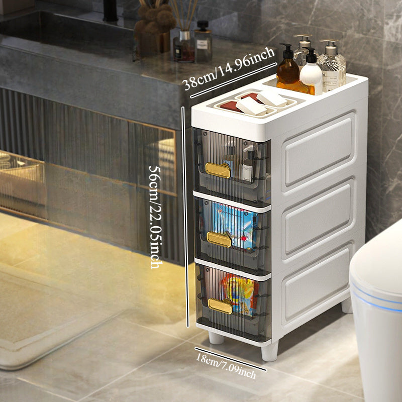 Ko'p maqsadli ingichka saqlash shkafi, suv o'tkazmaydigan PP materialidan tayyorlangan, tortmalari bilan, hammom, oshxona va shaxsiy parvarish mahsulotlarini tartibga solish uchun ideal.