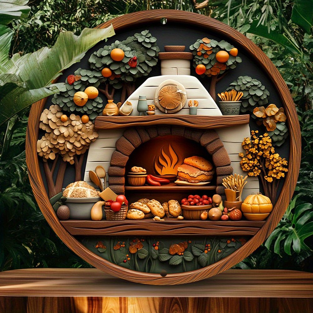 Round Aluminum Wall Fireplace Decor 20cm with Wooden Detailing No Electricity