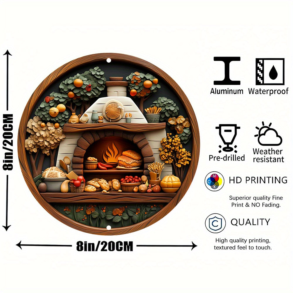 Round Aluminum Wall Fireplace Decor 20cm with Wooden Detailing No Electricity