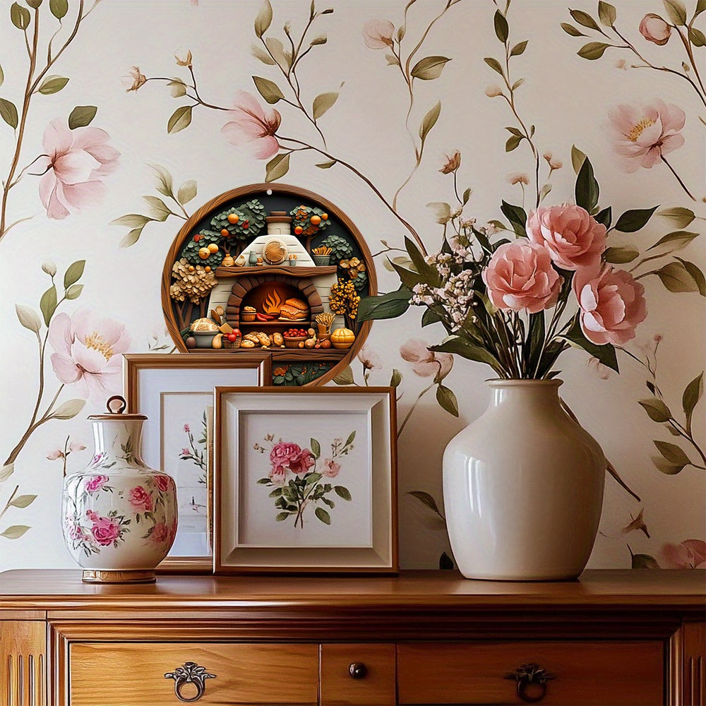 Round Aluminum Wall Fireplace Decor 20cm with Wooden Detailing No Electricity