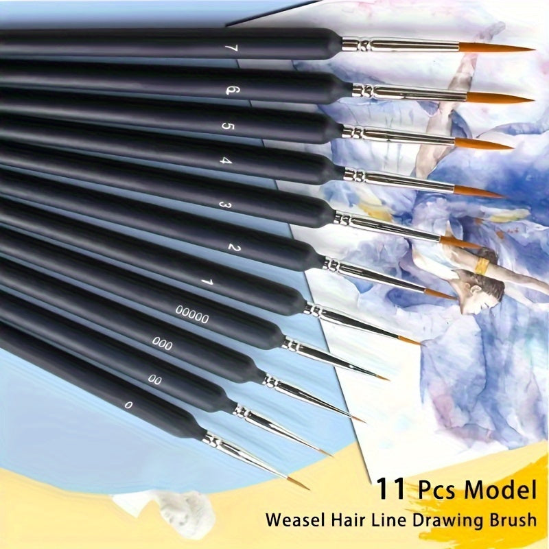 11pcs Fine Line Drawing Brush Set with Miniature Weasel Hair for Watercolor Oil Acrylic