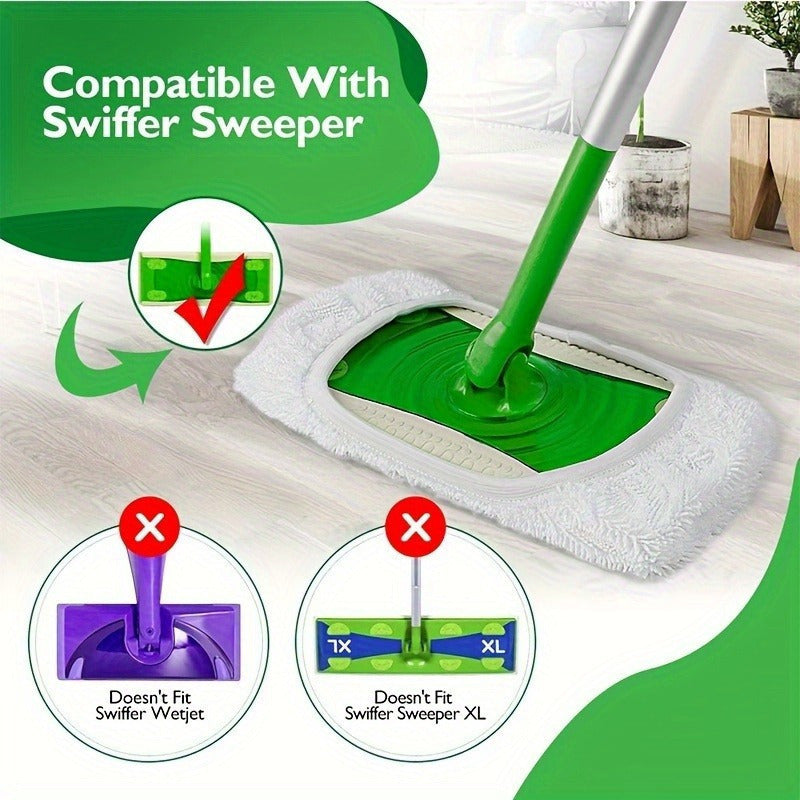 Bir to'plam qayta ishlatiladigan mikroto'qima mopp padlari Swiffer Sweeper uchun mos keladi - quruq va nam tozalash uchun yuviladigan mato to'ldiruvchilar. Batareyalar talab qilinmaydi, yashash xonasi, hammom va mebel tozalash uchun mukammal.