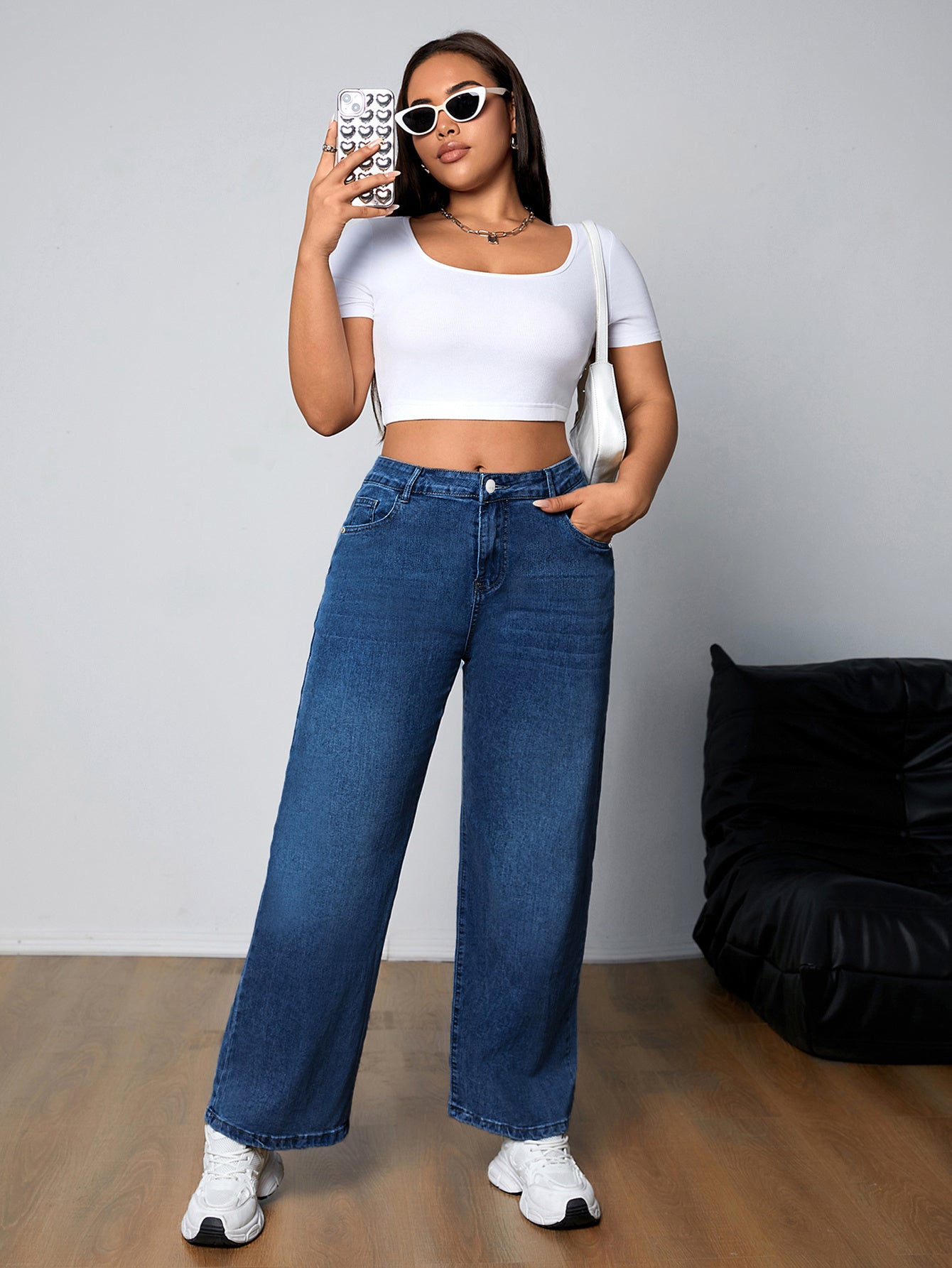 Plus Size Women's High-Rise Washed Blue Straight Leg Jeans with Button Fly and Medium Stretch