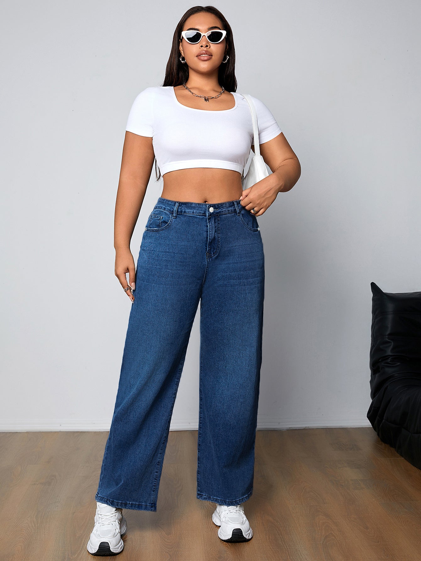 Plus Size Women's High-Rise Washed Blue Straight Leg Jeans with Button Fly and Medium Stretch