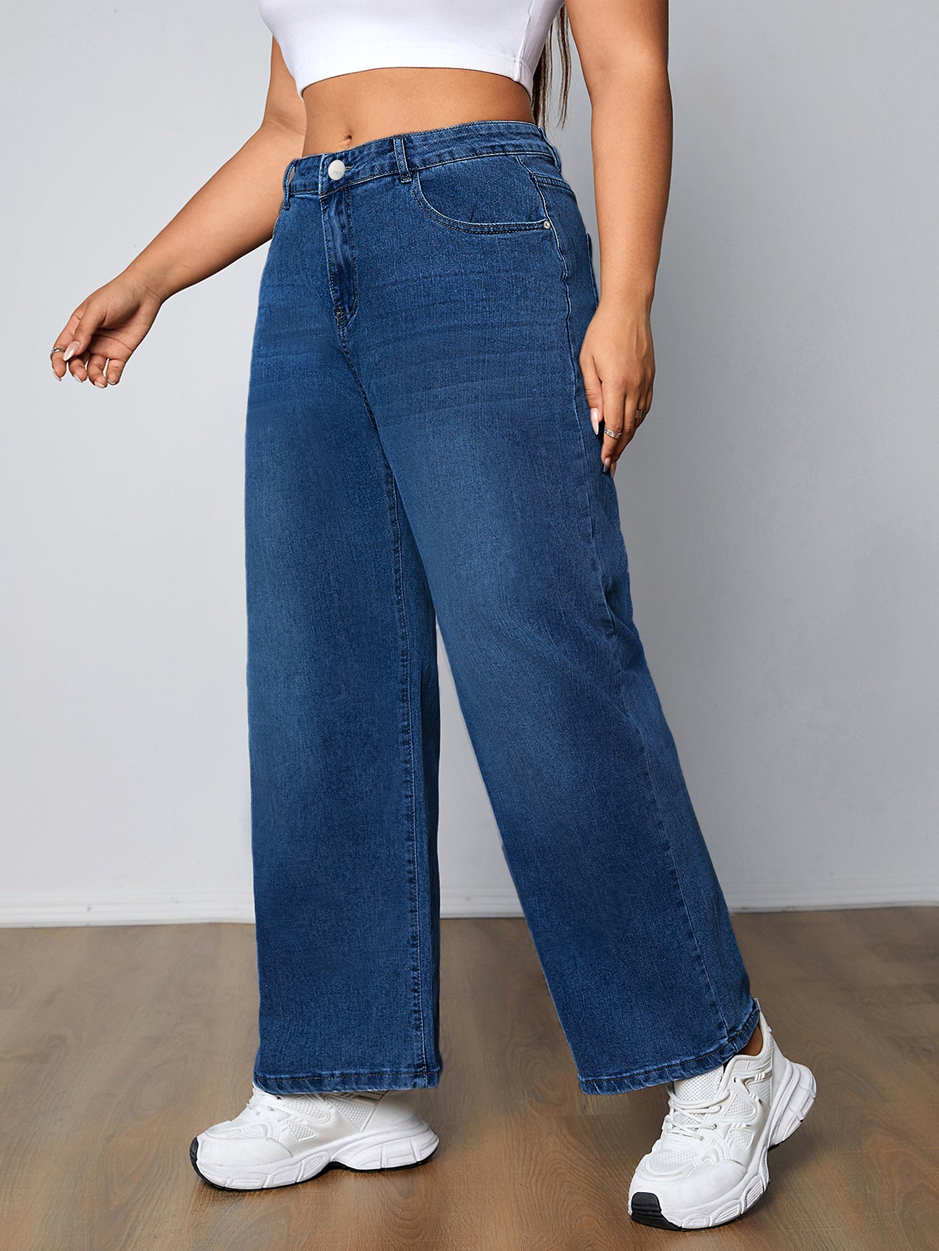 Plus Size Women's High-Rise Washed Blue Straight Leg Jeans with Button Fly and Medium Stretch