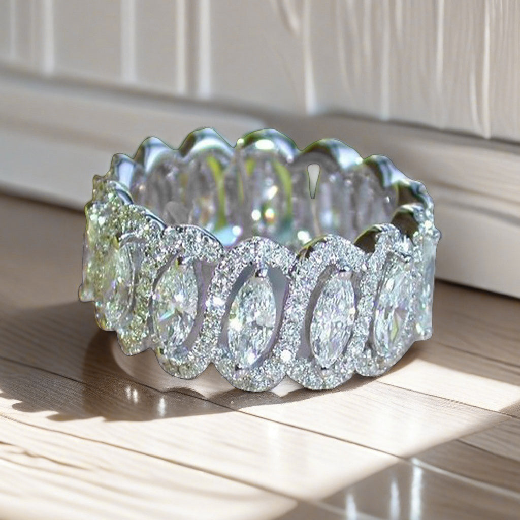 Sterling Silver Eternity Band Ring with Marquise Cubic Zirconia for Anniversary