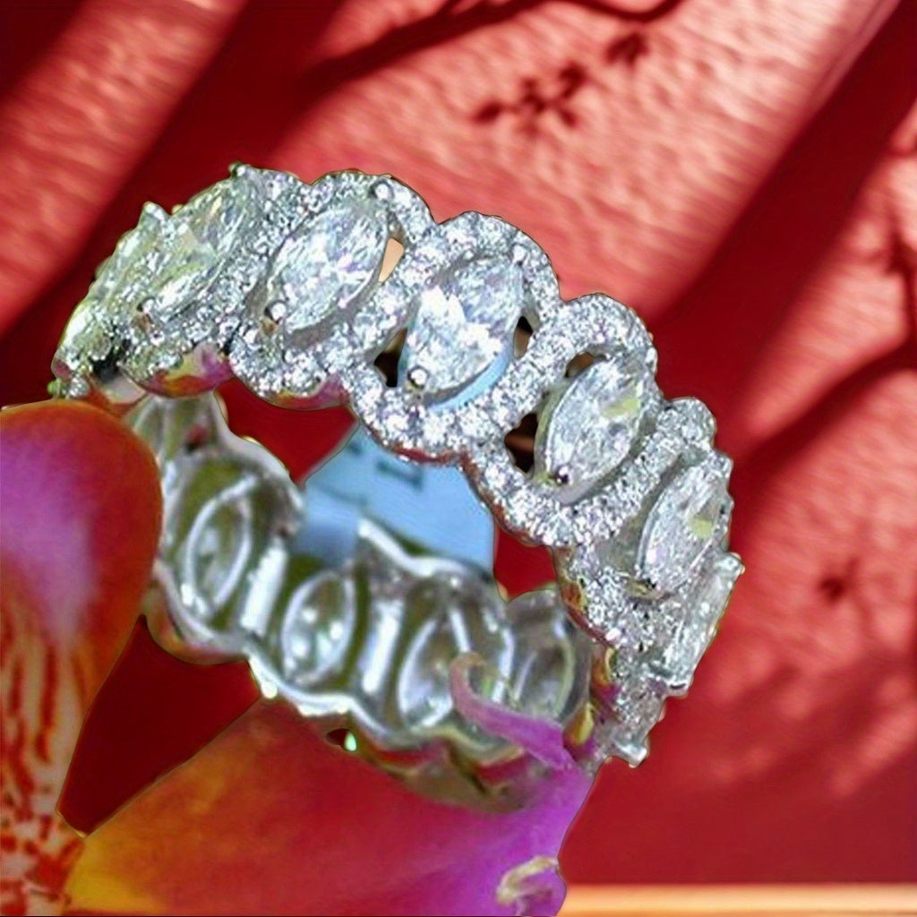 Sterling Silver Eternity Band Ring with Marquise Cubic Zirconia for Anniversary