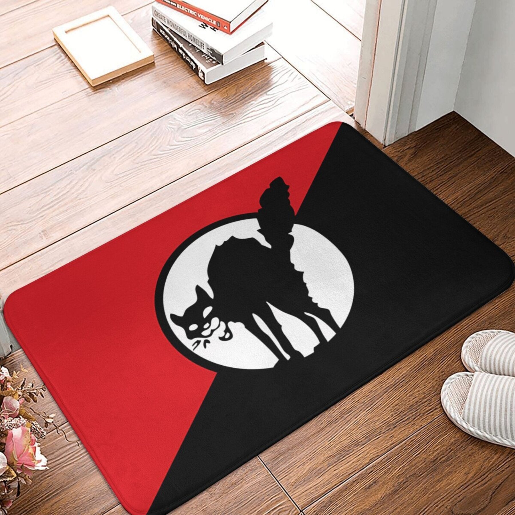 Lightweight Machine Washable Flannel Bath Mat with Black Cat Flag Design